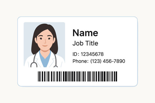 Professional female doctor ID card vector template. Editable healthcare staff identification badge with photo placeholder, personal details, contact info, unique ID, and scannable barcode.