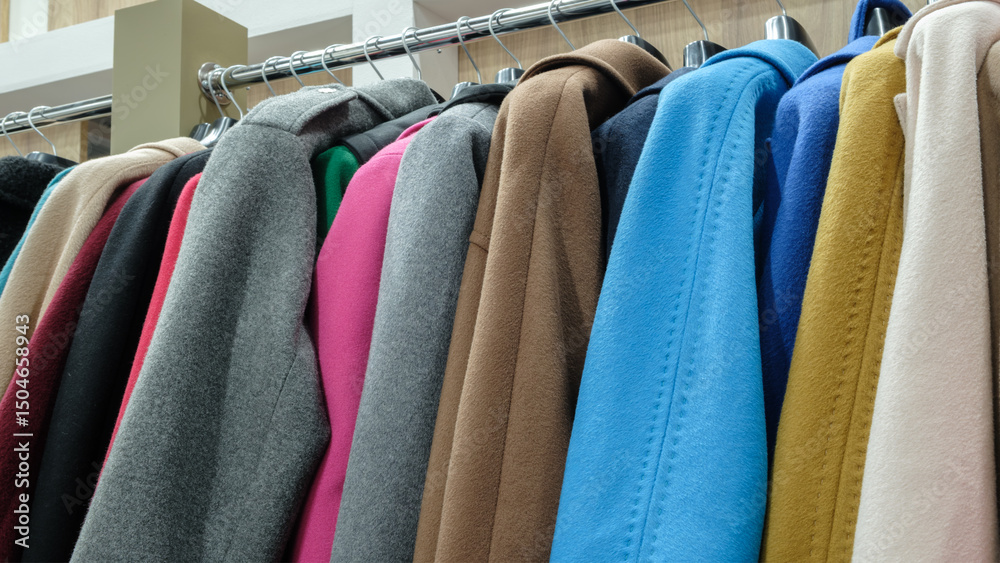Poster a rack of coats with a variety of colors and styles. scene is casual and relaxed, as the coats are h