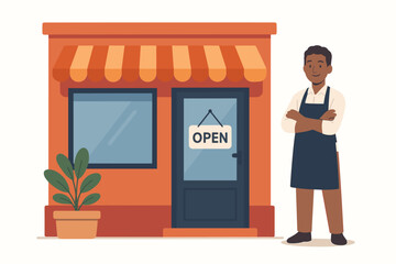 Confident entrepreneur man wearing apron stands proudly outside his new small business storefront. Local retail shop facade with open sign, ready for customers. Flat vector graphic.