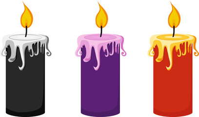 Vector image of black, purple and red candles. Halloween candles. Isolated on transparent background.