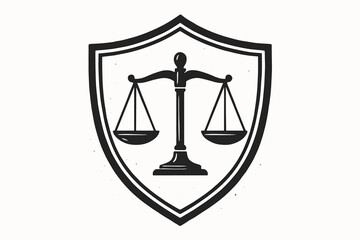 Minimalist black line art vector graphic of the scales of justice symbol enclosed in a shield, perfect for law firm logos, legal service branding, court documents, and justice icons.