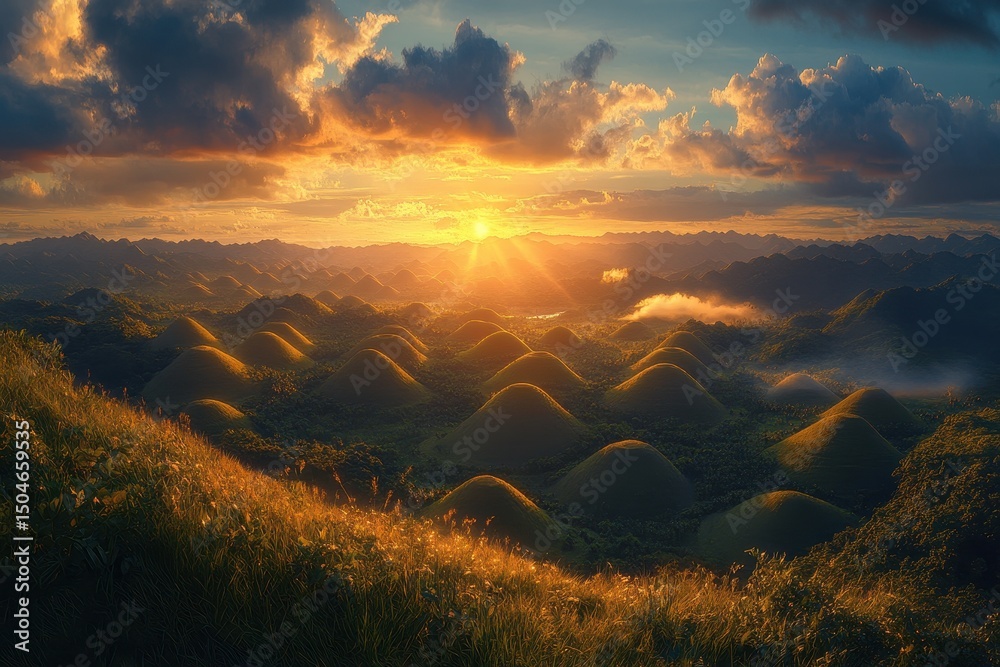 Poster sunset casts glowing light over rolling hills and valleys in a serene landscape filled with mist and