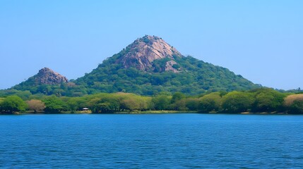 Obraz premium Serene Lake and Mountain Landscape, Lush Green Foliage, Tropical Island Vista