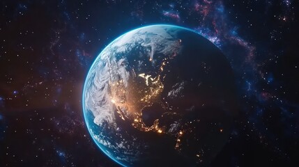 Earth at night, illuminated cities, cosmic backdrop