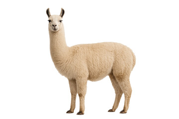 Llama standing on white or transparent background, full body side view