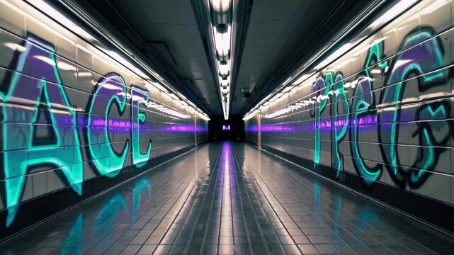 Graffiti-style peace and truth glowing in neon colors inside futuristic tunnel


