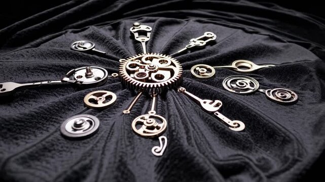 Clockwork gears and mechanisms arranged in radial pattern on black fabric

