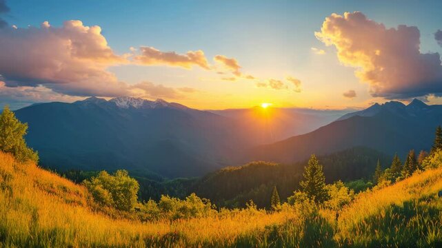 Vibrant sunset, clouds drifting away from mountain ridges, grassy field with wildflowers, serene landscape.