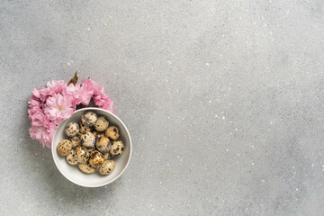 Bowl of quail eggs and pink flowers on gray background