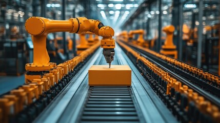 Robotic arm assembling packages on a conveyor belt in a modern factory setting