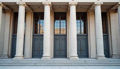 Classical building facade with six columns large windows steps. Architectural details columns, doors, windows, steps. Monumental building, grand facade, exterior design. Architecture, urban
