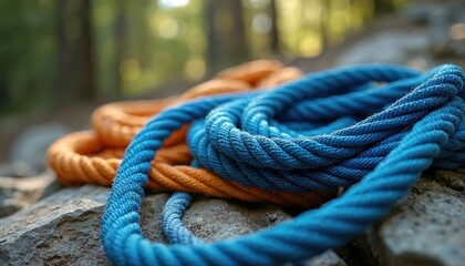 Fototapeta premium Close-up blue orange climbing ropes rest rocks outdoors. Ropes coiled, texture visible. Adventure activity, sport, extreme sport, exploring nature, mountain climbing, rock climbing gear.