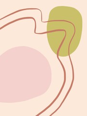 Minimalist abstract design with soft pink and green shapes, accented by flowing red lines on a beige background. Perfect for modern decor or artistic projects.