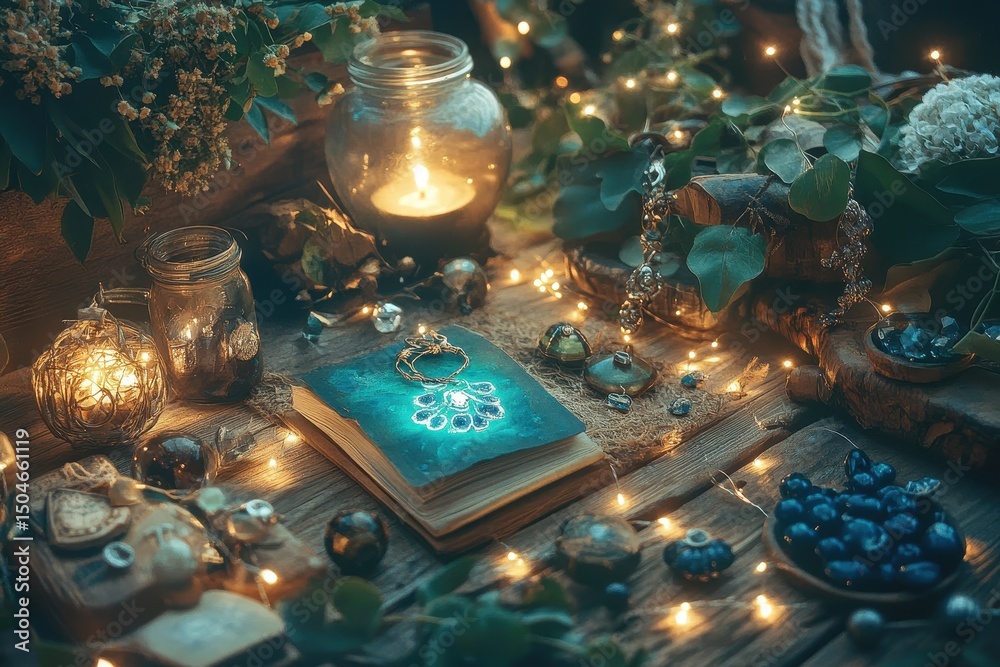 Aufkleber Colorful crystals and decorative items displayed on a rustic surface in a serene setting with soft light and natural elements showcasing tranquility