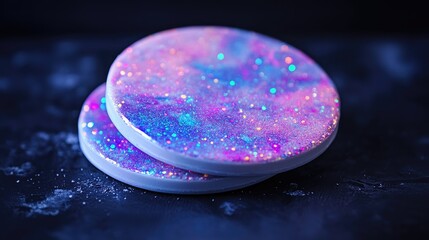 Close-up of two colorful, glittery coasters.