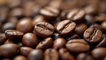 Naklejka premium Close-up photo roasted coffee beans. Aroma, texture, dark brown color. Freshly roasted, ready to brew beverage. Coffee shop, cafe, breakfast, drink, caffeine concept.