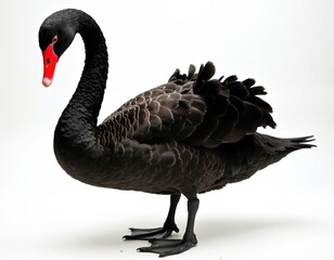 Obraz premium Majestic black swan with vibrant red beak stands gracefully against clean white background. Water bird displays elegance, poised posture. Isolated animal beauty, perfect for various projects.