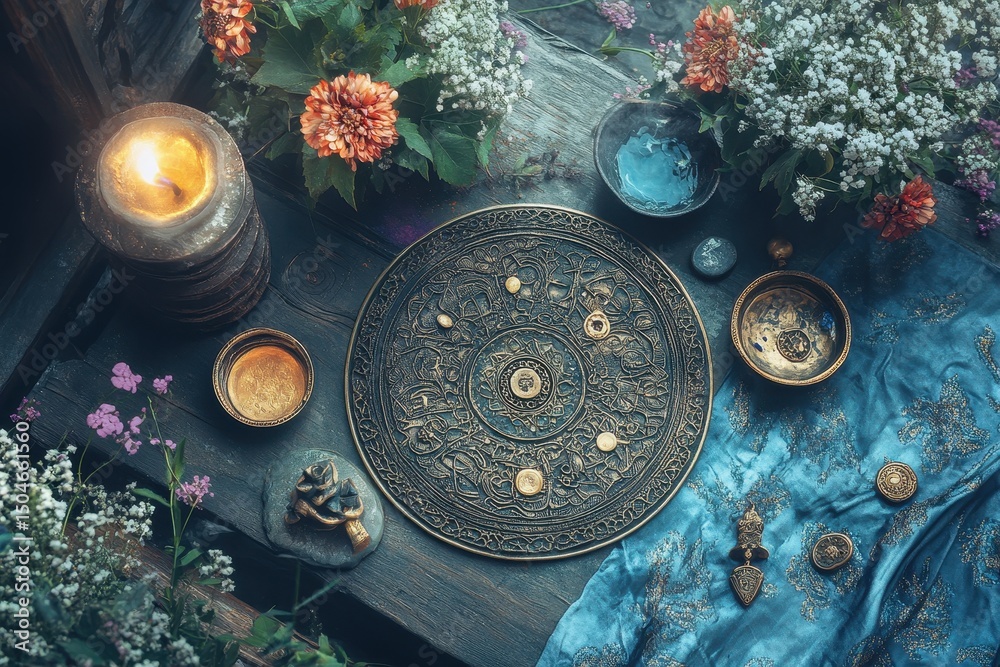 Aufkleber Colorful crystals and decorative items displayed on a rustic surface in a serene setting with soft light and natural elements showcasing tranquility