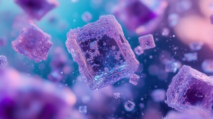 Vibrant purple and blue crystals float in a surreal, abstract composition