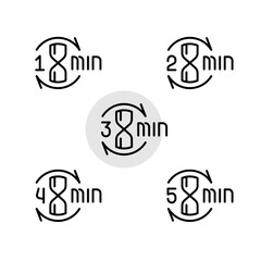 Hourglass timer line icon set. Time from 1 to 5 minutes with sandglass symbol and arrows rotate around. Time for procedure sign. Editable stroke.