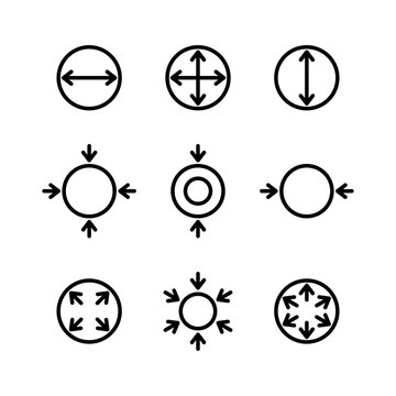 Pressure, vacuum and inflation physical properties icon set. Circle with arrows showing forces or size of object. Diameter dimension symbols. Editable stroke.