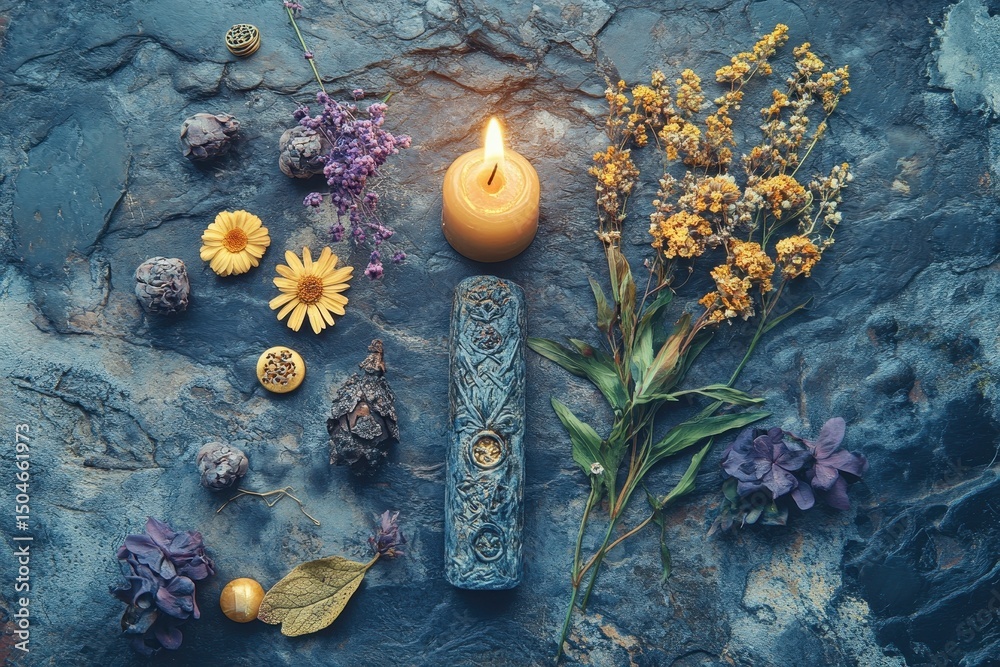 Fototapete colorful crystals and decorative items displayed on a rustic surface in a serene setting with soft l