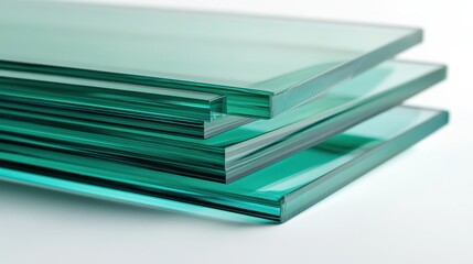 Stacked transparent glass panels with smooth edges and subtle green tint
