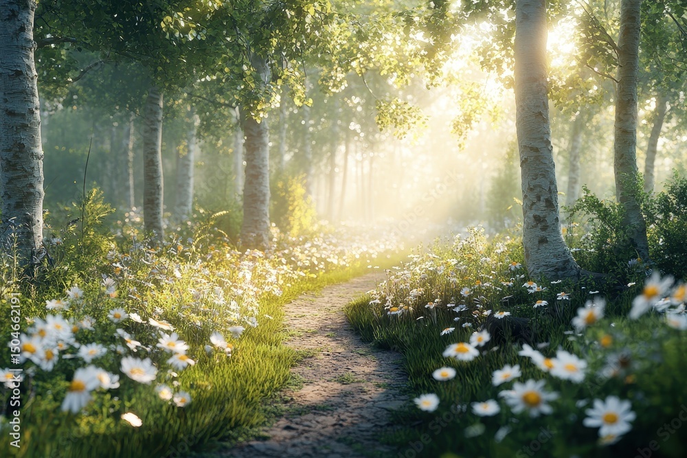 Poster golden sunlight filters through trees along a winding path covered in flowers in a serene forest set
