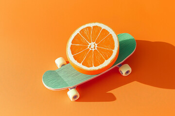 Creative concept: orange slice on skateboard with vibrant orange background