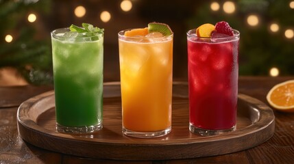 Three vibrant iced beverages in tall glasses, garnished with fruit and mint, displayed on a wooden tray against a bokeh background