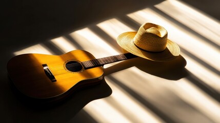 Acoustic guitar and straw hat under natural light