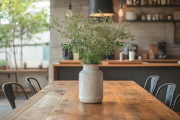 Vibrant green herbs in a rustic vase on a wooden table in a cozy kitchen with warm sunlight streaming through the window in the late afternoon