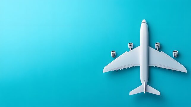 White Airplane Model on Blue Background Travel Concept