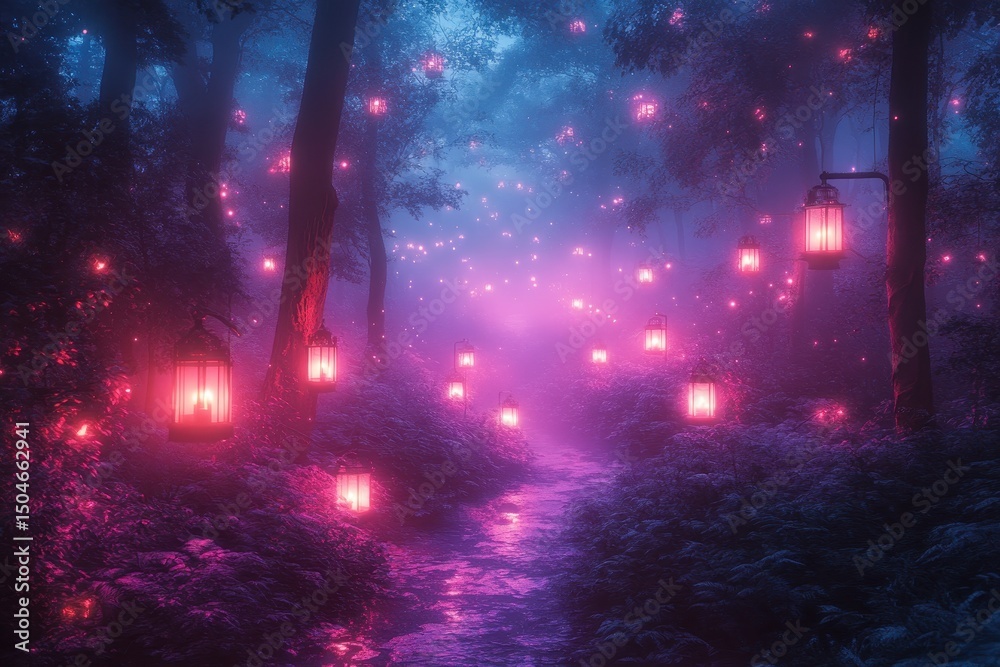 Poster Enchanting forest path illuminated by soft lantern light during twilight, creating a magical atmosphere for evening strolls