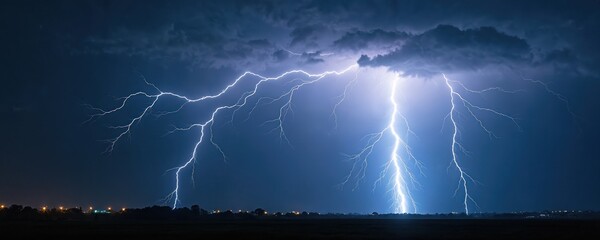 Huge lightning storm at night. Electric discharge with flash, bright glow, nature power, sky with dark clouds. Atmospheric, weather, natural disaster.