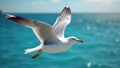 Seagull soaring flight over azure ocean. Bird flies, wing spread. Bright sunlight illuminates feathers of a seabird over turquoise water. Travel, vacation and summer themes.