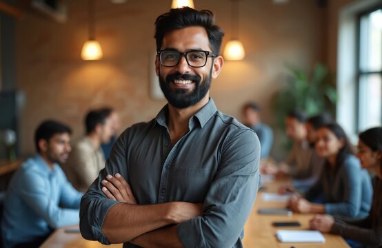 Indian tech startup founder smiles at camera. Confident businessman at business meeting. Entrepreneur in glasses stands, arms crossed. Smiling at audience in office. Successful investor concept.