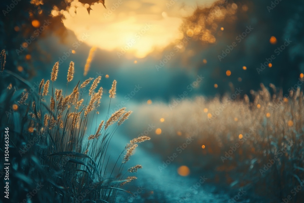 Poster golden grasses sway gently in the twilight as fireflies illuminate the path at sunset, creating a se