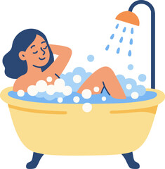 Naklejka premium Blissful Moments of Relaxation: A Serene Flat Vector Illustration of a Woman Enjoying a Soothing Bubble Bath in a Cozy Bathtub