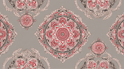 Repeating pattern of red and gray floral mandalas with circular and square designs on gray background