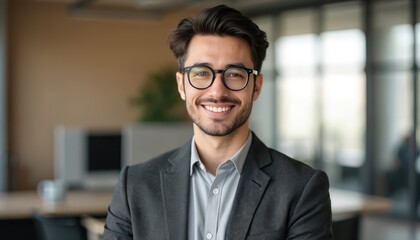Fototapeta premium Young man in office. Smiling, wearing glasses and formal suit. Professional appearance, personal branding, career portrait. Business environment ideal for corporate marketing, presentation materials.