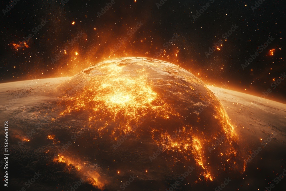 Poster glowing planet in an otherworldly landscape surrounded by fiery elements during a mysterious cosmic 