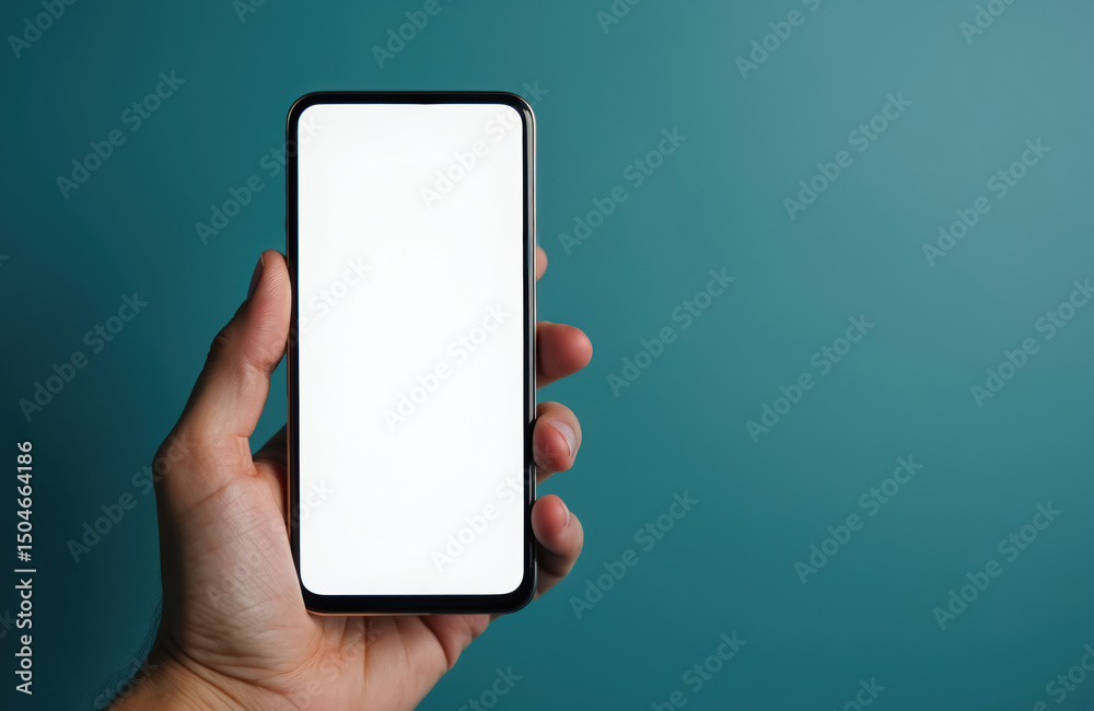 Fototapete hand holding modern smartphone with blank white screen on blue background. mobile phone display mock