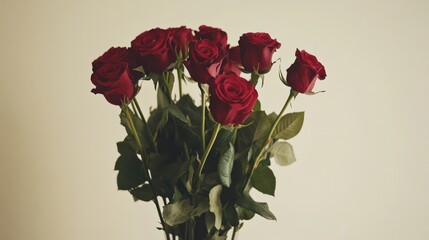 Beautiful bouquet of red roses with green leaves on a light background