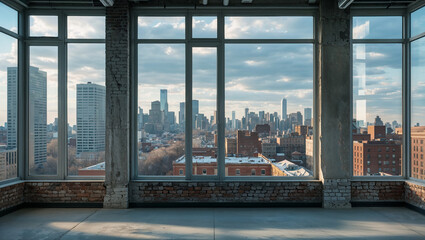 Empty loft showing new york city skyline through panoramic windows