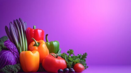 Vibrant assortment of fresh vegetables including peppers, greens, and herbs on a purple backdrop