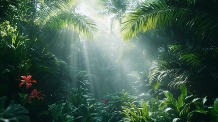 Naklejka premium Sunlight Filtering Through Lush Tropical Rainforest Canopy with Red Flowers