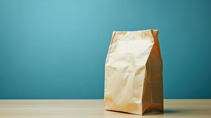 Brown paper bag on a wooden table against a blue background, evoking a minimalist aesthetic