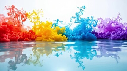Colorful paint clouds reflected in water creating an abstract and vibrant artistic display scene