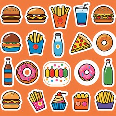 Fastfood stickers. Cartoon junk food snack labels, unhealthy meal with french fries pizza burger sandwich hot dog ice cream food, restaurant menu elements. Vector isolated set